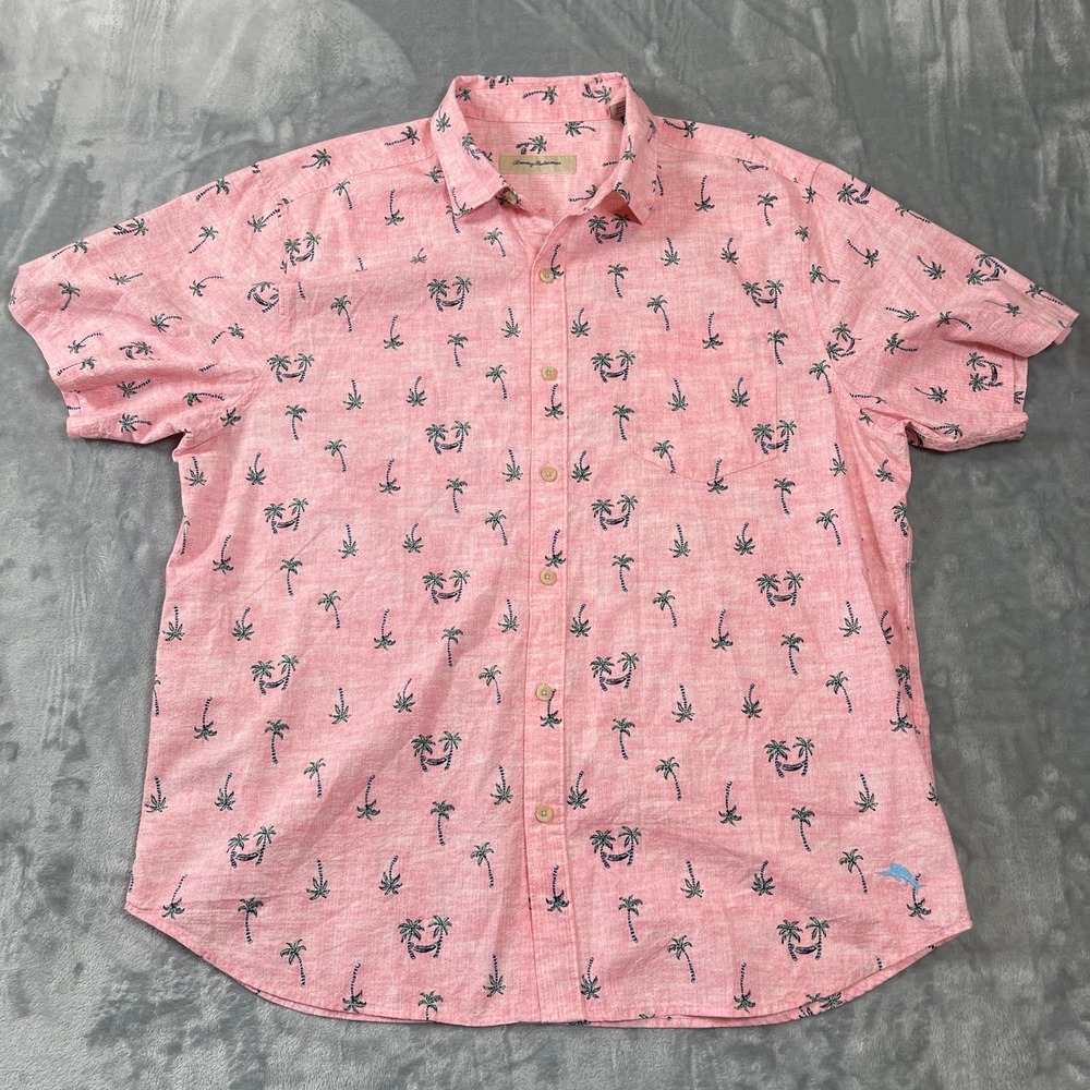 Tommy Bahama Mens XL Pink Palm Tree Hammock Print Cotton Button Down Shirt